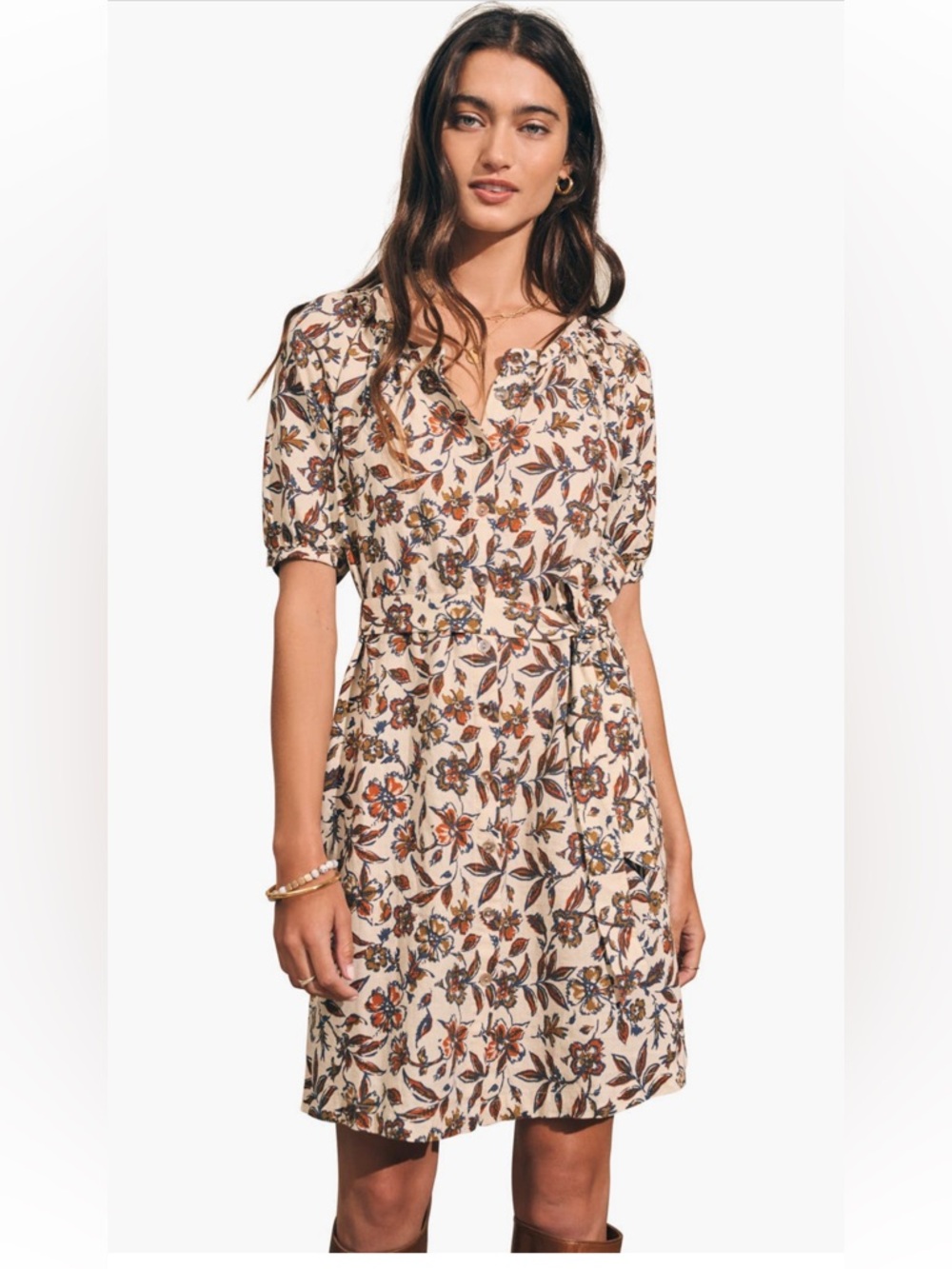 Faherty Carmel Mini Dress, Ginger Maplewood Floral, XXS, Linen Blend Cottagecore